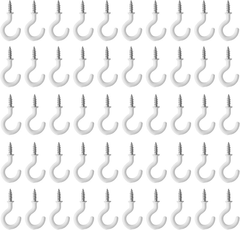 Jamiikury 50Pcs White Cup Hooks, 7/8 Inch Ceiling Hooks Metal Screw-in Hooks Vinyl Coated Screw Hooks Mini Hooks for Decorative Craft Hanging Things - Image 1